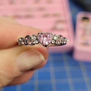 Pink Heart & Rhinestone Silver Tone Ring